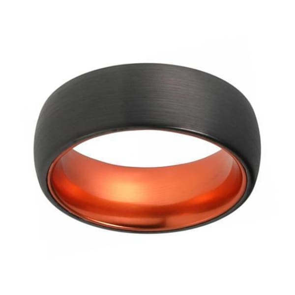 mens domed black tungsten ring with atomic orange inside brushed finish 6mm 8mm 376